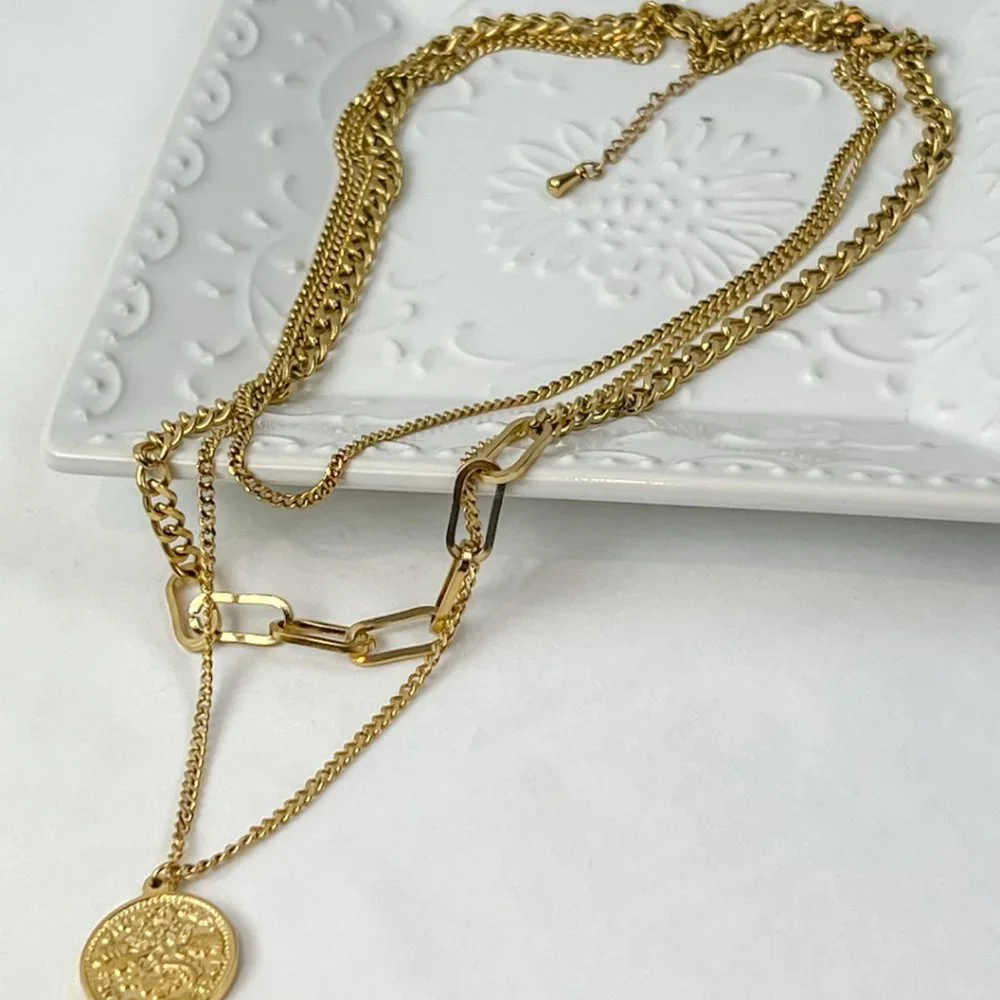 3 Layer Gold Coin Necklace Gold Layered Necklace - Picture 7 of 10